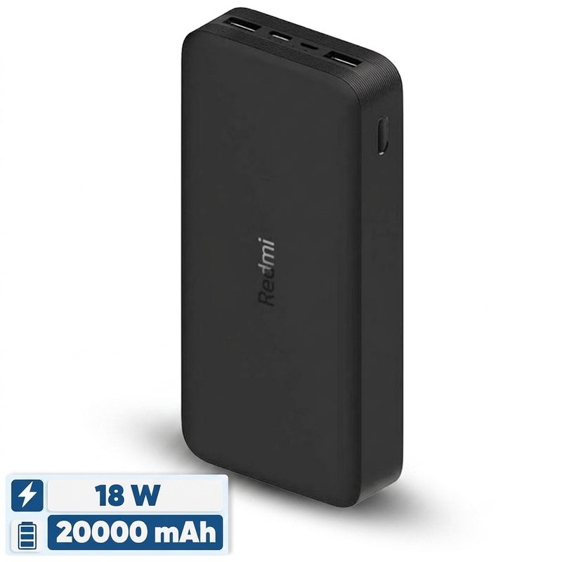 پاوربانک 18 وات 2 پورت مدل Redmi ظرفیت 20000 میلی‌آمپرساعت، با درگاه‌های خروجی USB-C و USB-A، دارای قابلیت شارژ سریع Power De